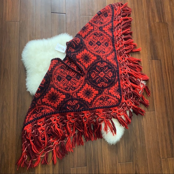 Vintage 70s Red Fringed Poncho - Picture 2 of 5